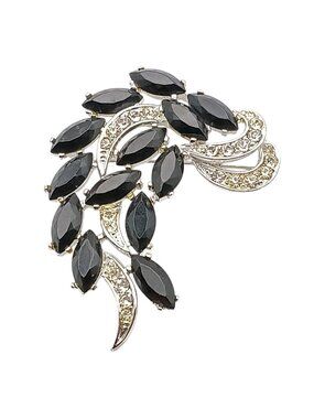 Sarah Coventry "Vienna Nights" Black & Clear Rhinestone Vintage Brooch Pin Silve